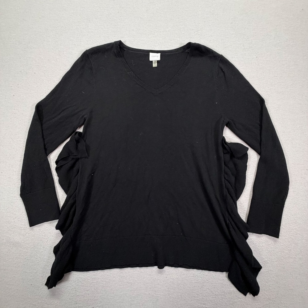 Cupio Sweater Women Large Good Black V-Neck Side‎ Ruffle Long Sleeve Knit Top